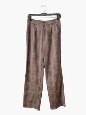 Shein Petite Plaid Print High Waist Pants Women's Size SP Coffee Brown Wide Leg